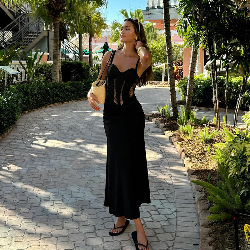Damen Elegantes bodenlanges Kleid mit raffiniertem Spitzenoberteil und taillierten Details EB