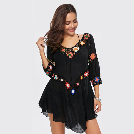Damen Häkelbluse mit bunten Floral-Applikationen EB