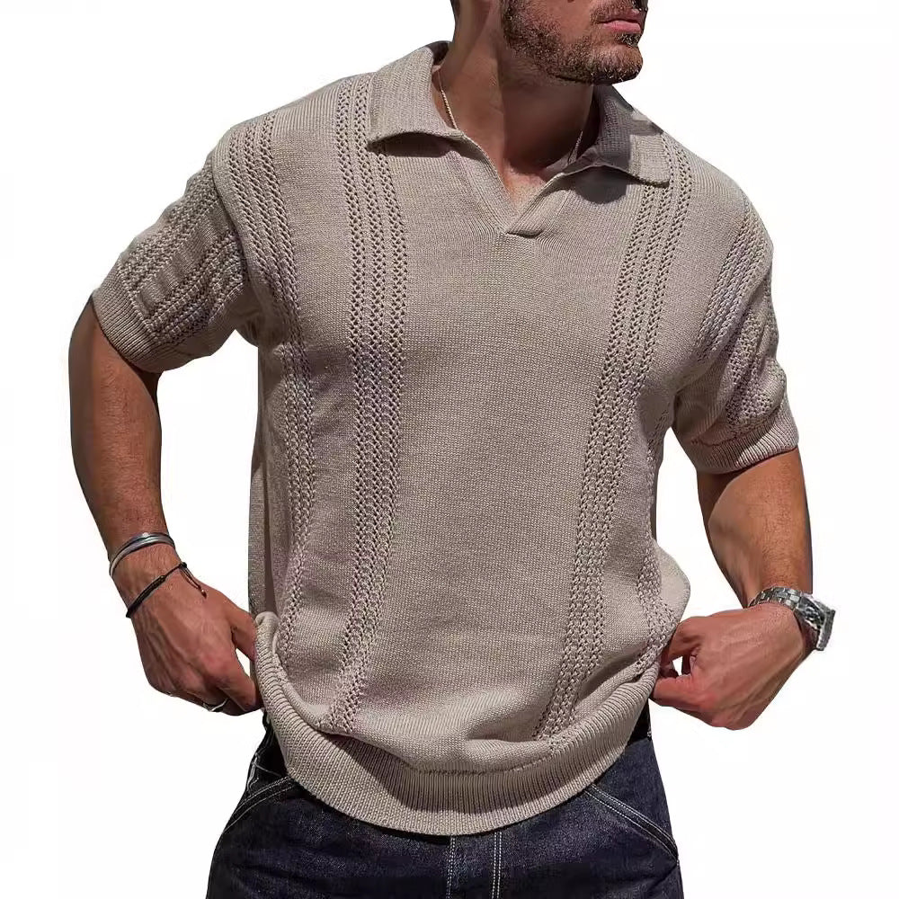 Herren Kurzarm Strickpullover mit strukturierter Oberfläche und Polokragen EB