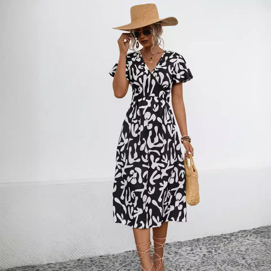 Damen Midi-Kleid mit V-Ausschnitt und fließenden Rüschendetails EB