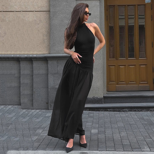 Damen Elegantes Maxikleid mit raffiniertem Halterdesign und transparentem Rock EB