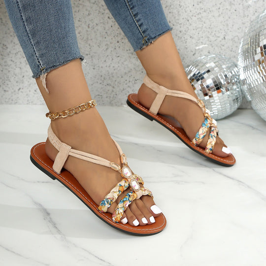 Damen modische Zehentrenner-Sandalen mit geflochtenem Riemendesign und glamourösen Details EB