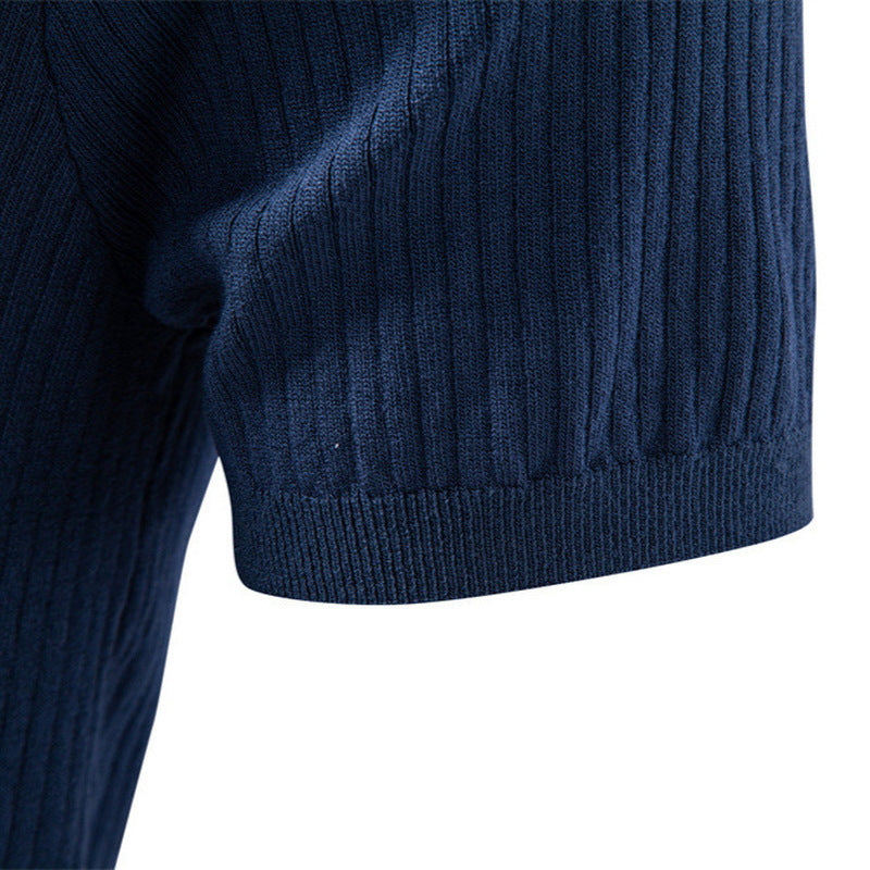 Herren nan fein geripptes Kurzarm-Poloshirt mit offenem Kentkragen EB