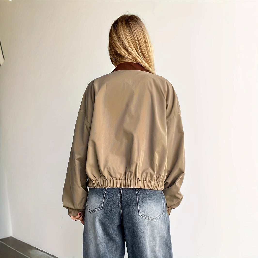 Damen Lässige Cropjacke mit weit geschnittenen Ärmeln und kontrastierendem Kragen EB