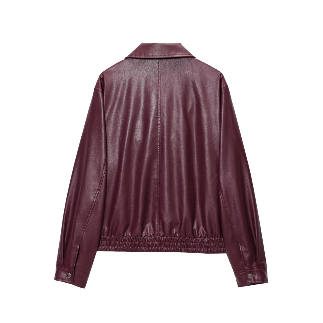 Damen modische Kunstlederjacke mit elastischem Bund und Stehkragen EB
