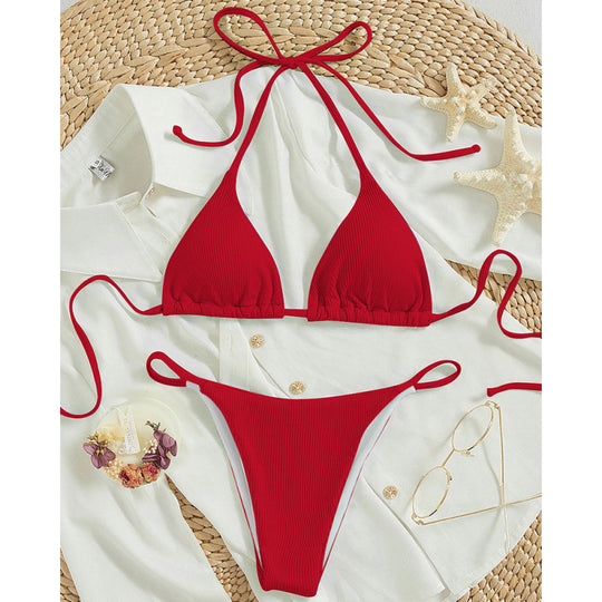 Damen Triangel-Bikini-Set mit verstellbaren Schnüren und feinem Strukturmuster EB