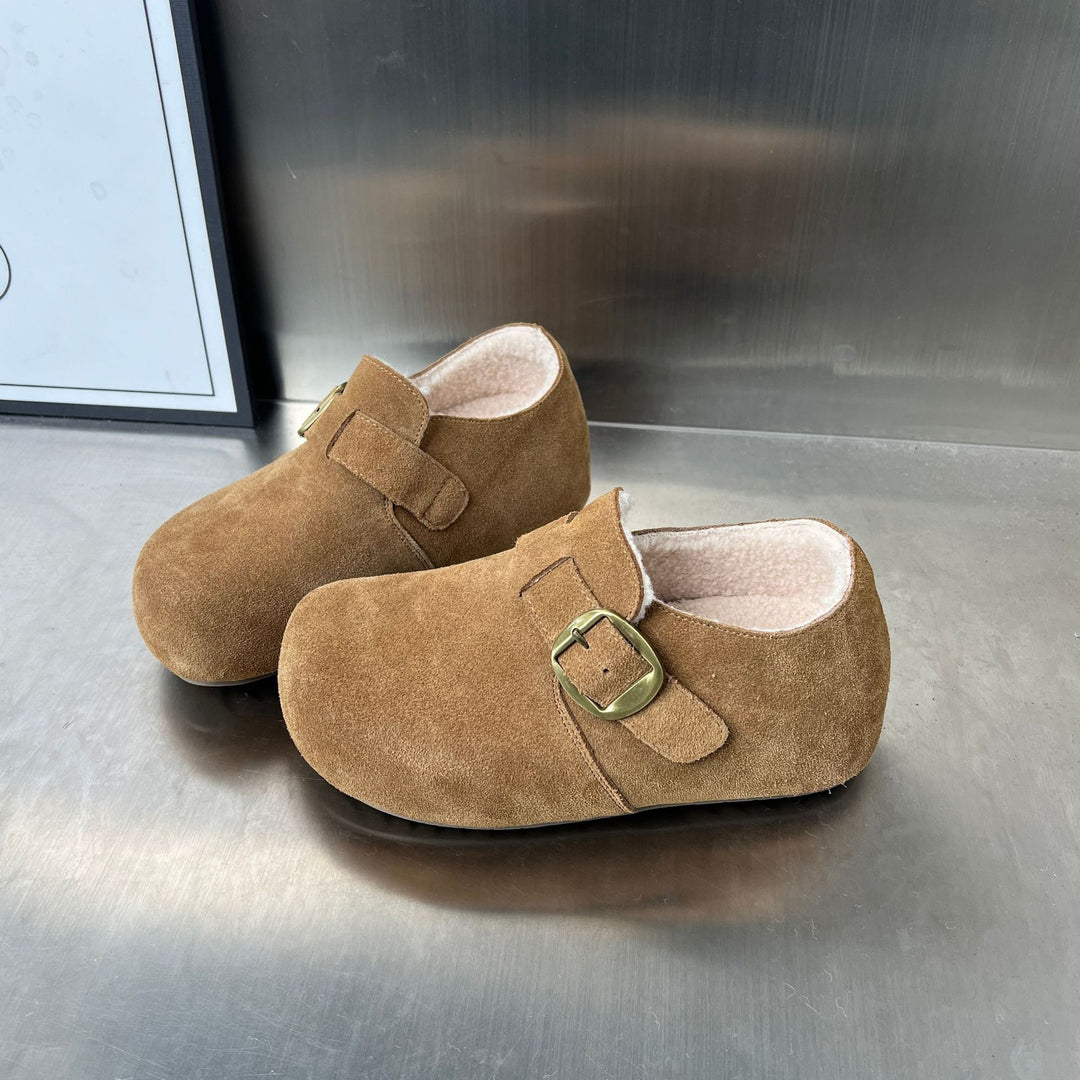Damen Komfortable Wildleder-Clogs mit luxuriösem Fleece-Innenfutter und modischer Schnallenverzierung EB