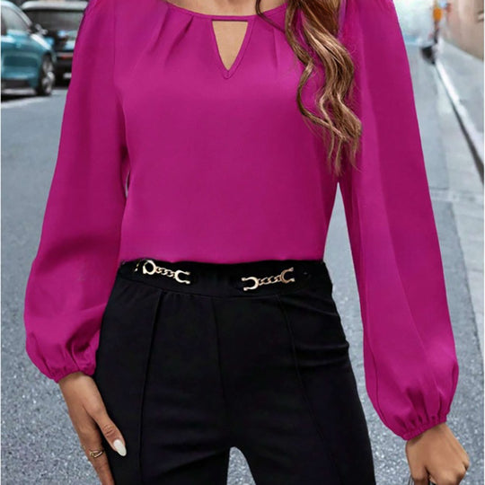 Damen elegante Bluse mit modischem Schlüsselausschnitt und raffinierten Puffärmeln EB