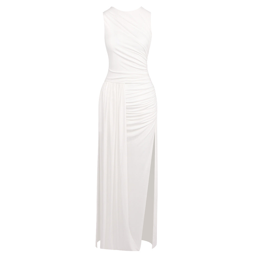 Damen Elegantes langes Kleid mit drapiertem Rock und seitlichem Schlitz EB