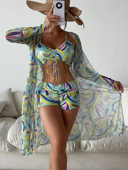 Damen Bikiniset mit floralem Oberteil und luftiger Wickeljacke EB