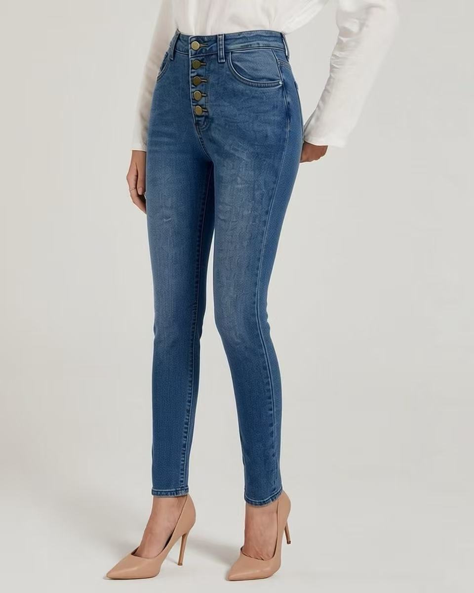 Damen Slim-Fit Jeans mit eleganter Knopfleiste und hohem Bund EB