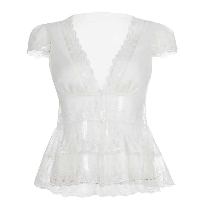 Damen Spitzenbluse mit Rüschendetails und tiefem V-Ausschnitt EB