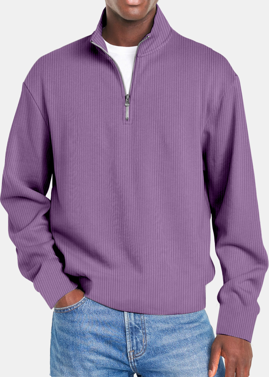 Herren nan gerippter Troyer-Pullover mit Halbzip und Stehkragen EB