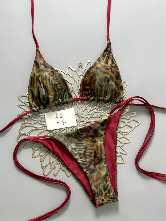 Damen Triangel-Bikini-Set mit verstellbaren Bindebändern und animalischem Design EB