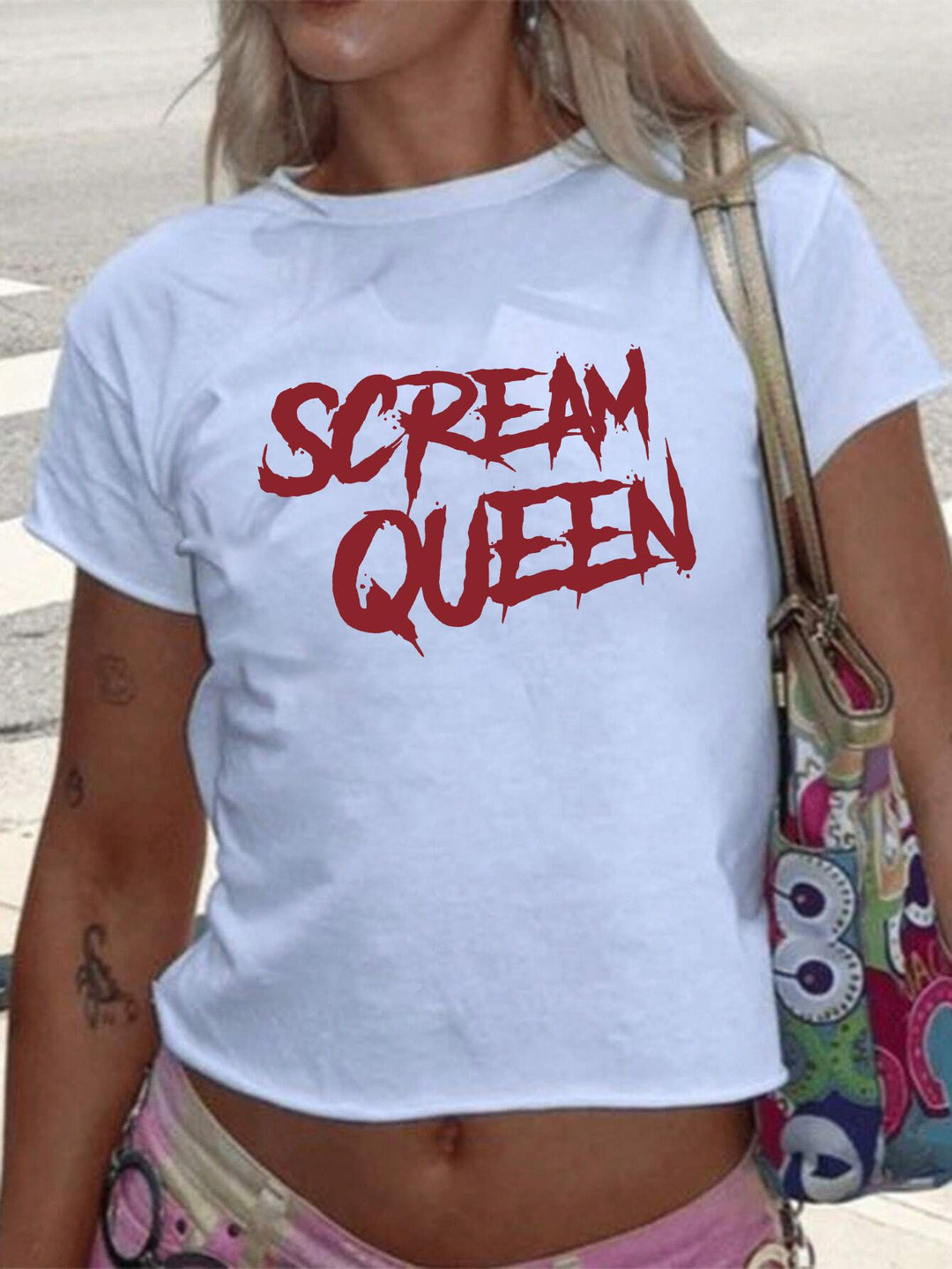 Damen T-Shirt mit funkelndem Discokugel-Motiv und zeitgemäßem Schleifendetail EB