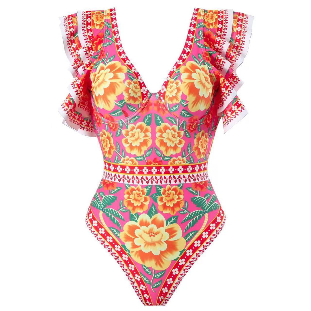 Damen Badeanzug-Set mit voluminösem Rüschendesign und floralem Wickelrock EB