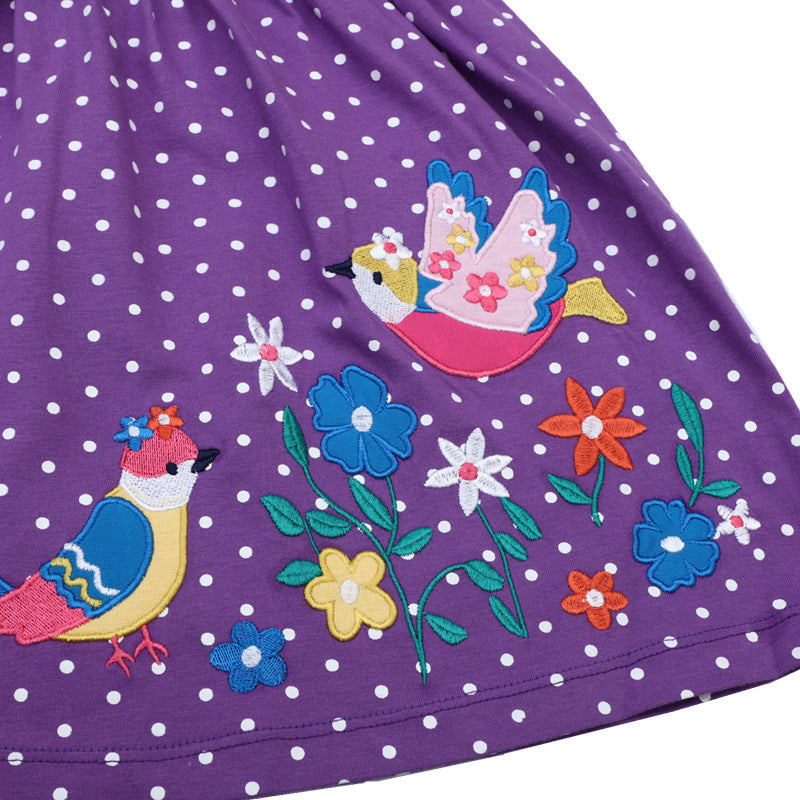 Mädchen Sommerkleid mit hübschen Vogel- und Blumenapplikationen EB