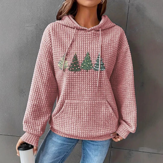 Damen Waffel-Pullover mit übergroßer Kapuze und festlichem Baumdesign EB