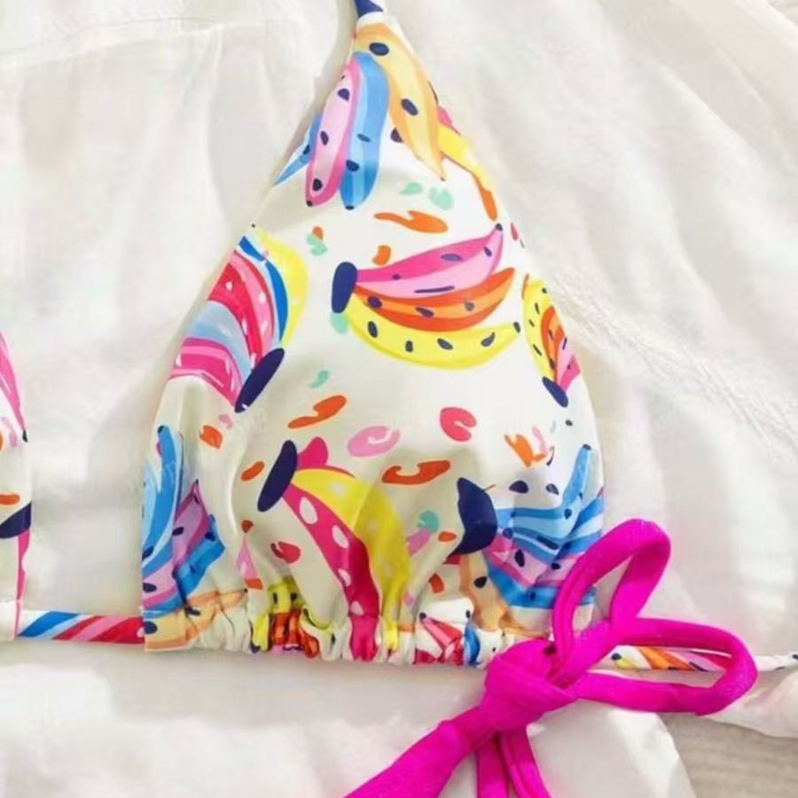 Damen Bikini-Set mit buntem Obstmuster und seitlichem Knoten EB
