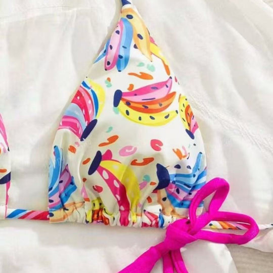 Damen Bikini-Set mit buntem Obstmuster und seitlichem Knoten EB