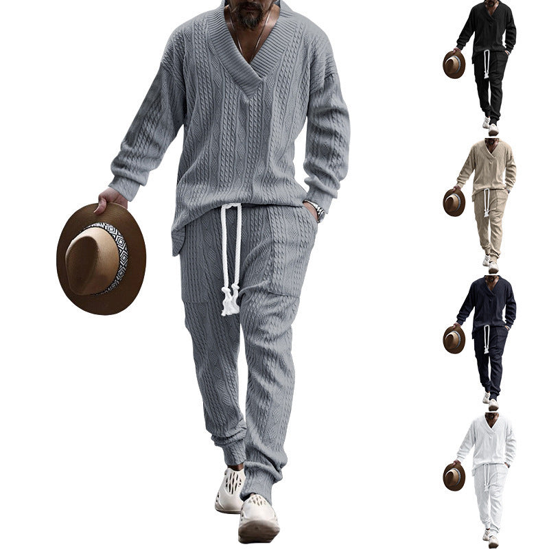 Herren nan grobes Strick-Loungewear-Set mit tiefem V‑Ausschnitt, Kordelzughose und Rippbündchen EB