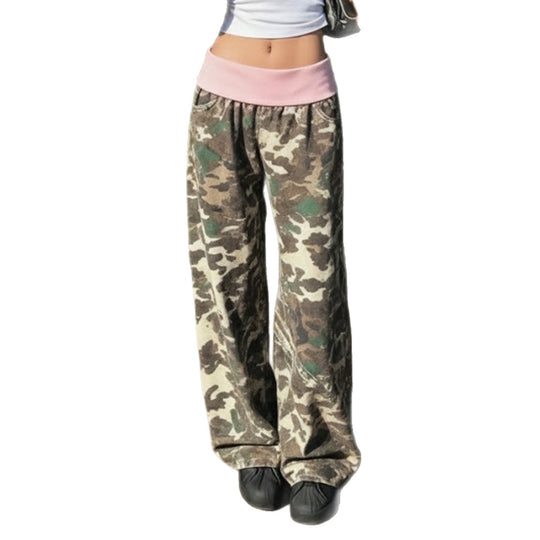 Damen nan weite Lounge-Hose mit Umschlagbund, Camouflage‑Muster und elastischem Komfortstretch EB