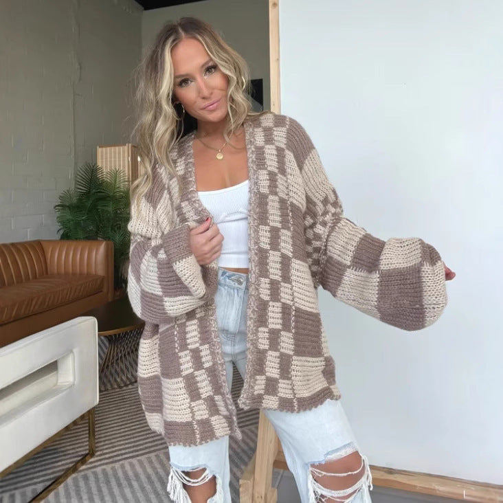 Damen lässiger Strickcardigan mit Karomuster und oversized Schnitt EB