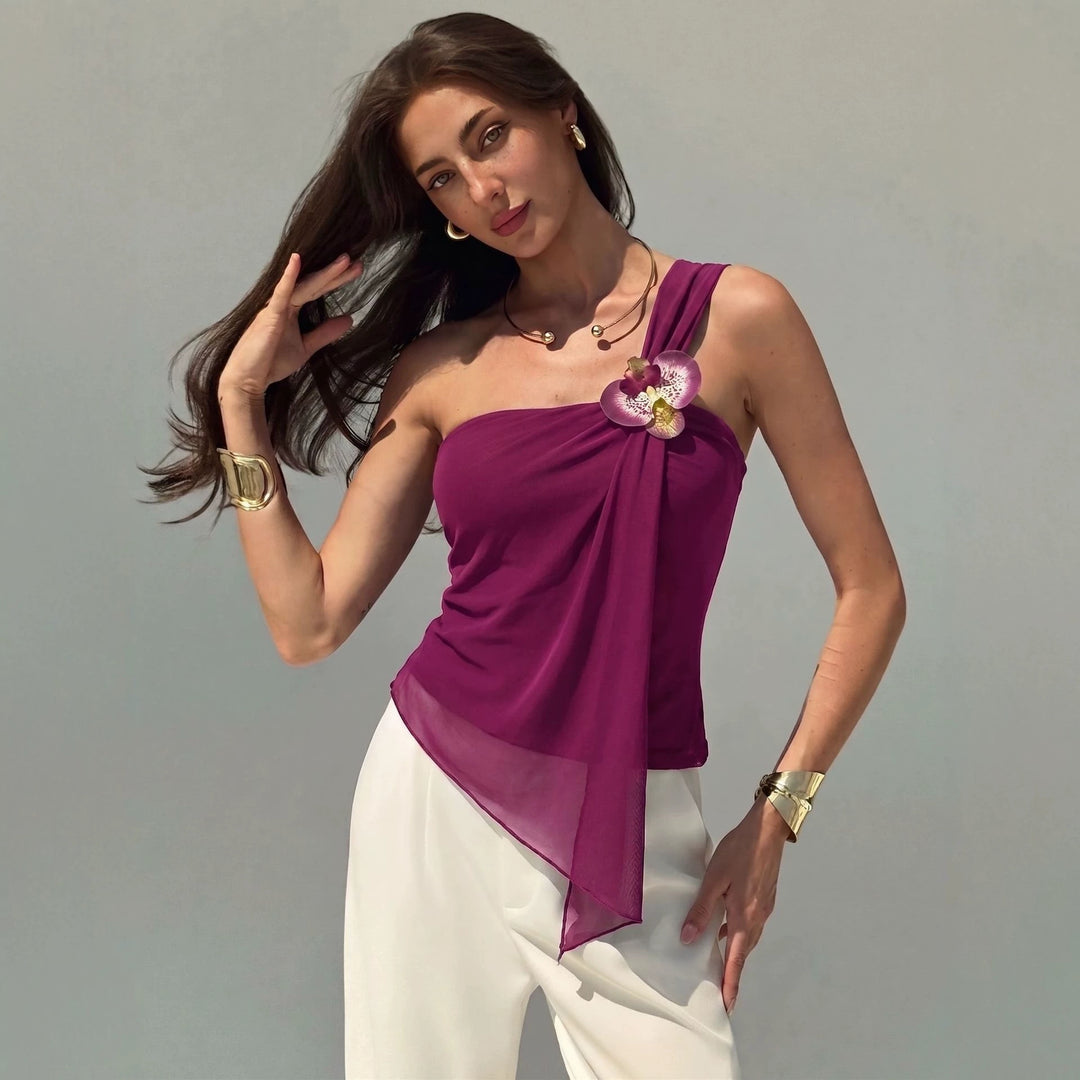 Damen nan asymmetrisches Einschulter-Chiffon-Oberteil mit Drapierung und Zierbrosche EB