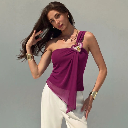 Damen nan asymmetrisches Einschulter-Chiffon-Oberteil mit Drapierung und Zierbrosche EB