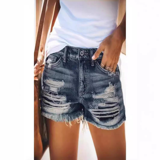 Damen trendige Destroyed Denim-Shorts mit ausgefransten Säumen und modischen Rissdetails EB