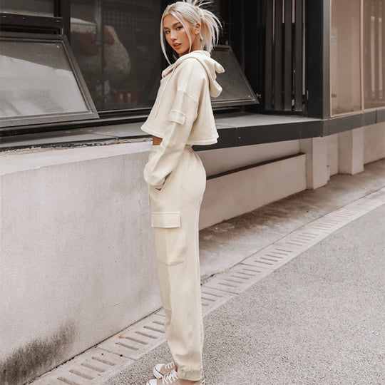 Damen nan Cropped Kapuzenpullover mit Highwaist Cargo-Joggingshose Set EB