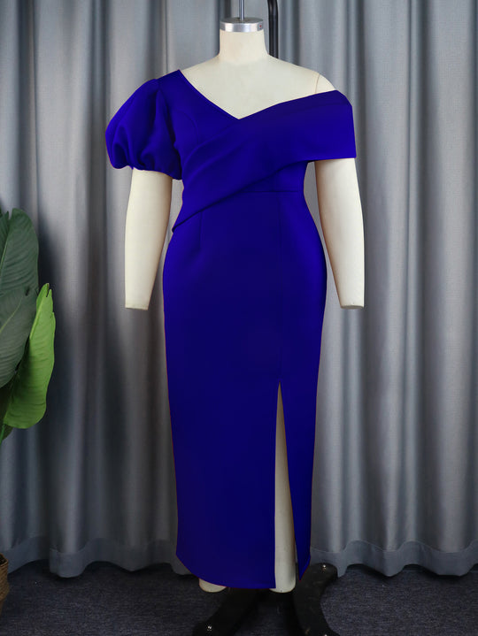 Damen Elegantes, figurbetontes Abendkleid mit asymmetrischem Ausschnitt und Puffärmeln EB