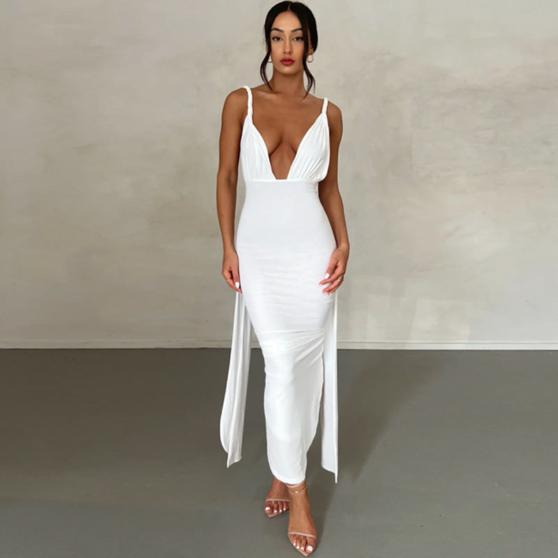 Damen Maxikleid mit tiefem V-Ausschnitt und seitlichem Schlitz EB