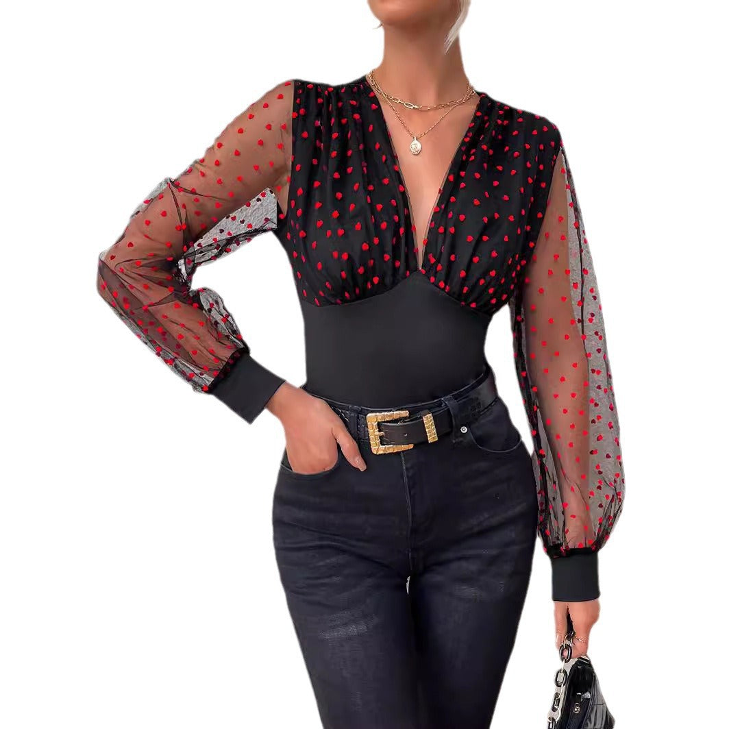 Damen Elegantes Bodysuit mit transparenten Ärmeln und Tupfen-Design EB