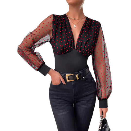 Damen Elegantes Bodysuit mit transparenten Ärmeln und Tupfen-Design EB