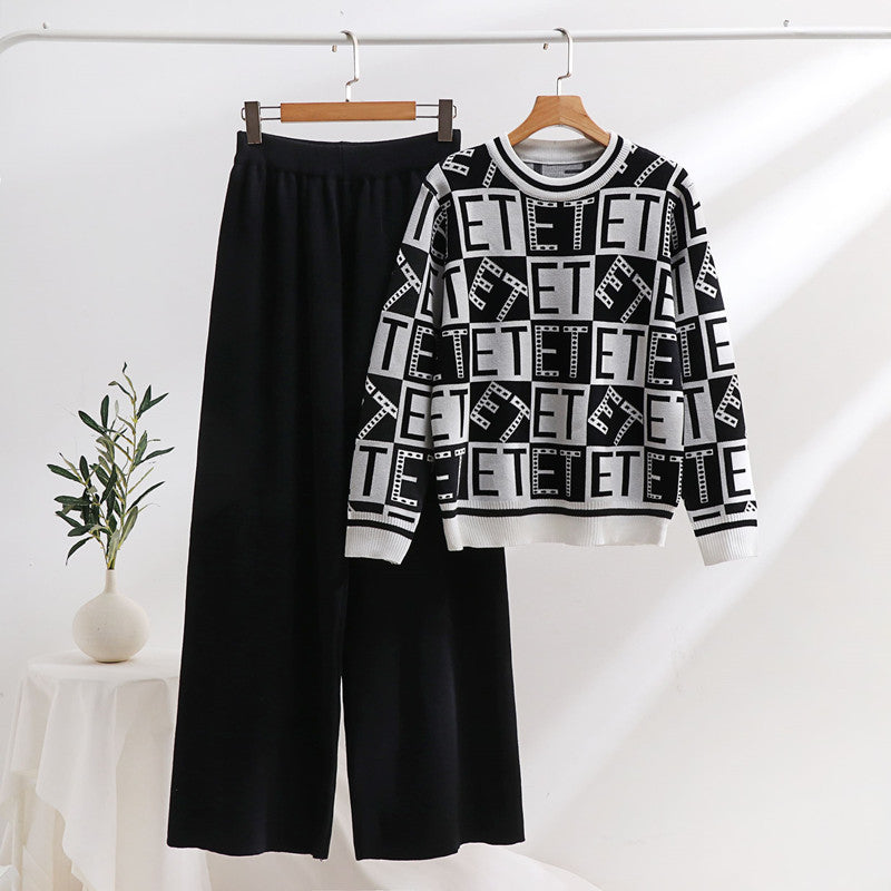 Damen lässiges Strick-Loungewear-Set mit grafischem Muster und weitem Schnitt EB