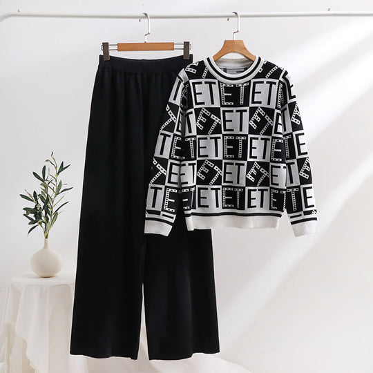 Damen lässiges Strick-Loungewear-Set mit grafischem Muster und weitem Schnitt EB