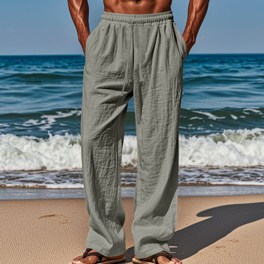 Herren Leichte Leinenhose mit weitem Schnitt, Elastikbund und Kordelzug EB