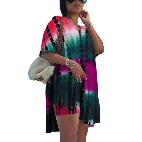 Damen lässiges Summer-Tunika Kleid mit trendy Batik-Design und weitem Schnitt EB