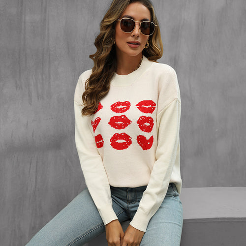 Damen Strickpullover mit glitzerndem Lippen-Motiv EB