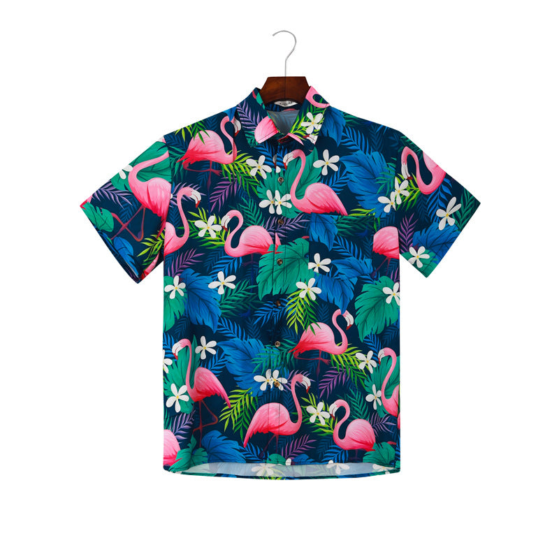 Herren Kurzarmhemd mit lebendigem Flamingo-Muster und atmungsaktiver Baumwolle EB
