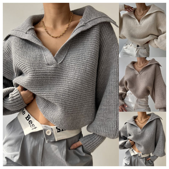 Damen nan Grobstrick-Pullover mit weitem Kragen und V-Ausschnitt EB