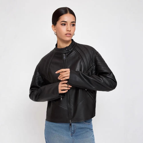 Damen Kunstleder Bikerjacke mit strukturiertem Design EB