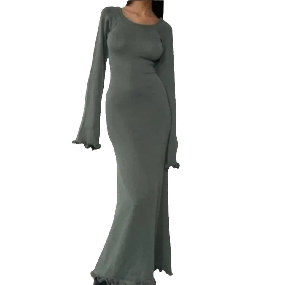 Damen Elegantes Maxikleid mit raffiniertem Rippdesign und fransigen Ärmeln EB