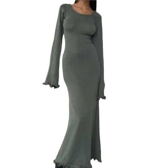 Damen Elegantes Maxikleid mit raffiniertem Rippdesign und fransigen Ärmeln EB
