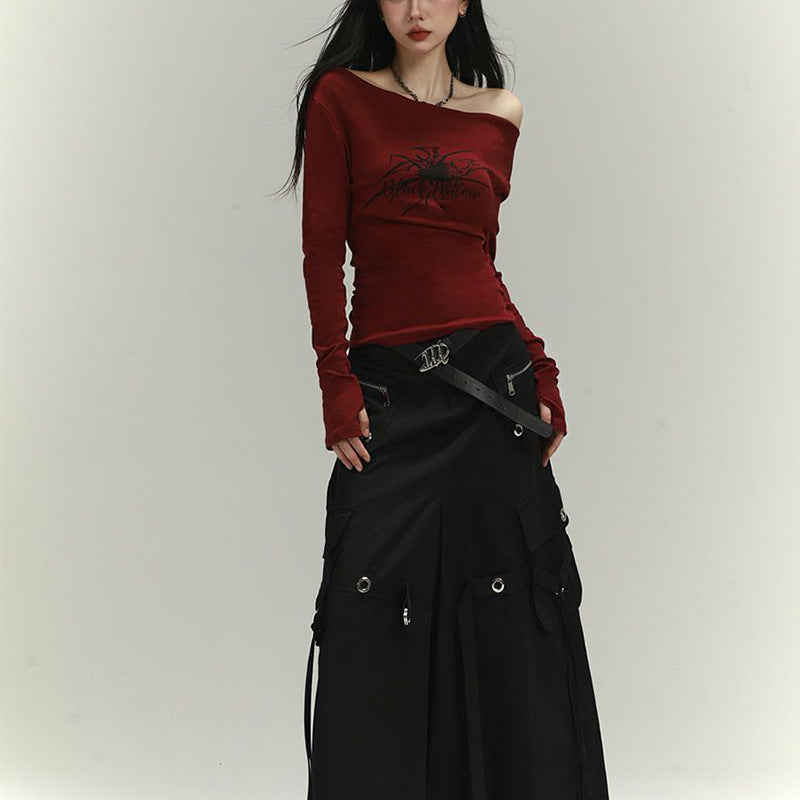 Damen Langarmshirt mit asymmetrischem Ausschnitt und grafischem Druck EB