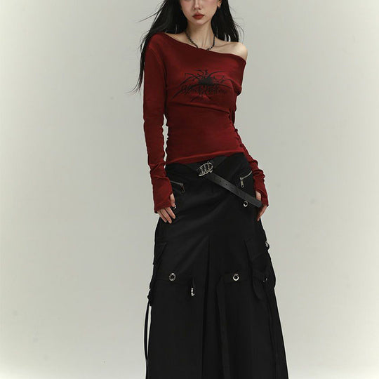Damen Langarmshirt mit asymmetrischem Ausschnitt und grafischem Druck EB