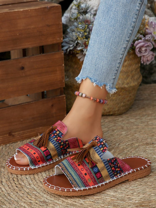 Damen Riemensandalen mit geflochtenem Muster und dekorativen Fransen EB