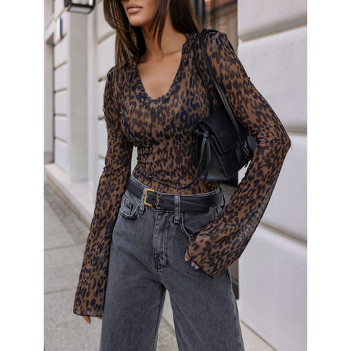 Damen Transparentes Langarmshirt im modernen Leopardenmuster EB