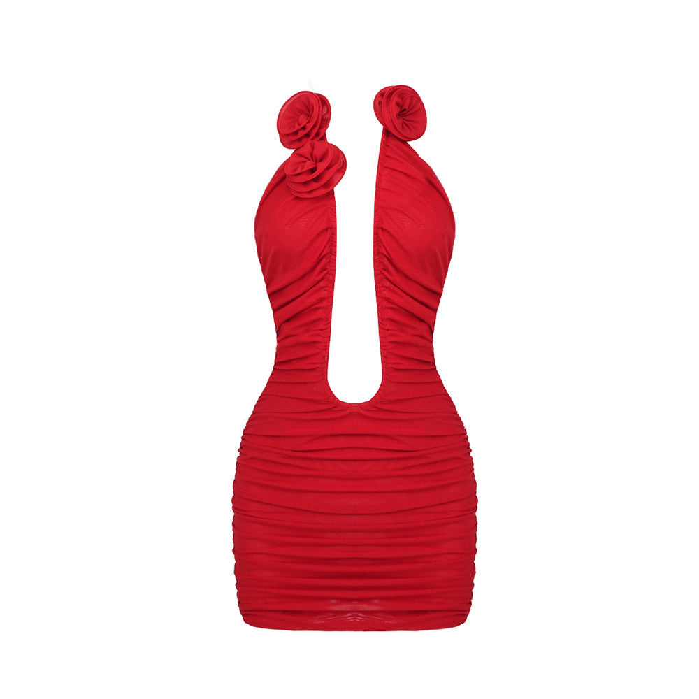 Damen figurbetontes Minikleid mit raffinierten Rüschen und tiefem V-Ausschnitt EB
